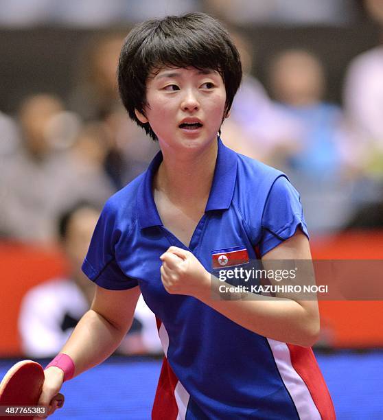 North Korea's Ri Myong Sun reacts after her point against Ukraine's Margaryta Pesotska during their match in the women's team championship division...