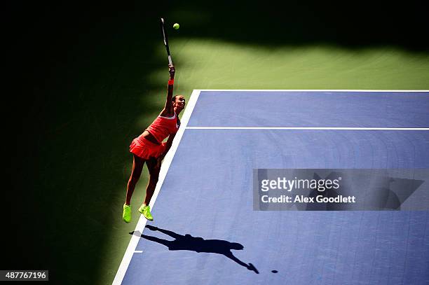 Roberta Vinci of Italy serves to Serena Williams of the United States during their Women's Singles Semifinals match on Day Twelve of the 2015 US Open...
