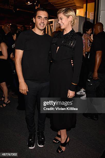 Designer Yigal Azrouel and Analeigh Tipton pose backstage at the Yigal Azrouel fashion show during Spring 2016 New York Fashion Week: The Shows at...