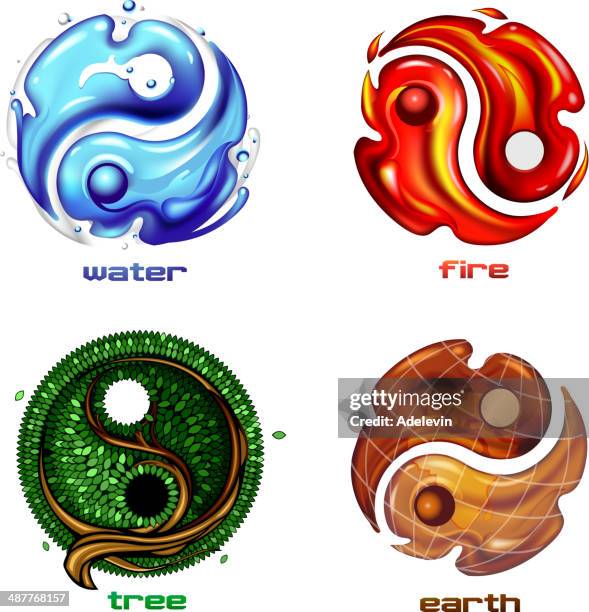 ilustraciones, imágenes clip art, dibujos animados e iconos de stock de símbolo yin-yang de tierra, fuego y el agua. - los cuatro elementos