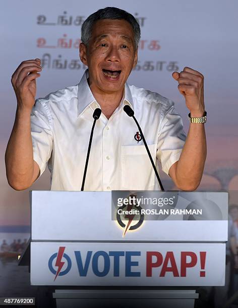 Singapore's Prime Minister Lee Hsien Loong , of the People's Action Party speaks to his supporters after winning the general election in Singapore on...