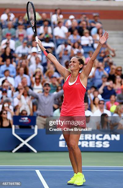 Roberta Vinci of Italy celebrates after defeating Serena Williams of the United States during their Women's Singles Semifinals match on Day Twelve of...