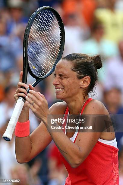 Roberta Vinci of Italy celebrates after defeating Serena Williams of the United States in their Women's Singles Semifinals match on Day Twelve of the...