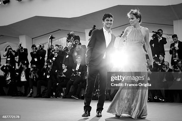 Riccardo Scamarcio and Valeria Golino attend a premiere for 'Per Amor Vostro' during the 72nd Venice Film Festival at Sala Grande on September 11,...