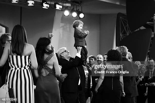 Gaetano Di Vaio and his son attend a premiere for 'Per Amor Vostro' during the 72nd Venice Film Festival at Sala Grande on September 11, 2015 in...