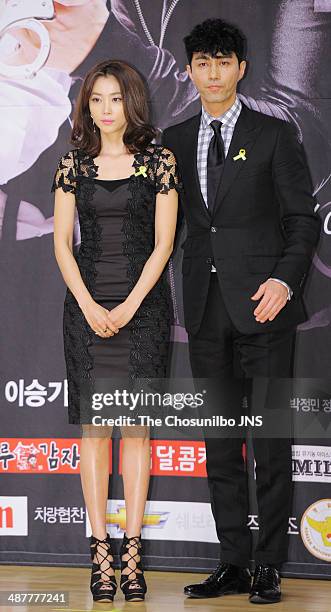 April　30: Oh Yoon-Ah and Cha Seung-Won attend the SBS drama 'You're Surrounded' press conference at SBS broadcasting center on April　30, 2014 in...