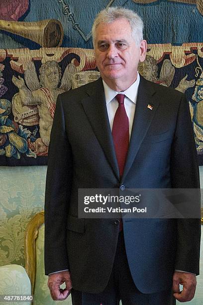 President Of Serbia Tomislav Nikolic attends an audience with Pope Francis at the Apostolic Palace on September 11, 2015 in Vatican City, Vatican....