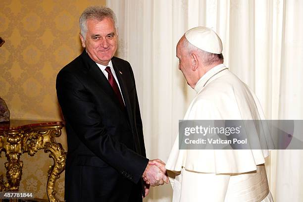 Pope Francis meets President Of Serbia Tomislav Nikolic at the Apostolic Palace on September 11, 2015 in Vatican City, Vatican. During the meeting,...