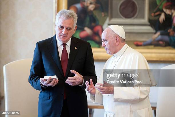 Pope Francis meets President Of Serbia Tomislav Nikolic at the Apostolic Palace on September 11, 2015 in Vatican City, Vatican. During the meeting,...