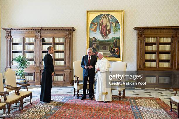 Pope Francis meets President Of Serbia Tomislav Nikolic at the Apostolic Palace on September 11, 2015 in Vatican City, Vatican. During the meeting,...