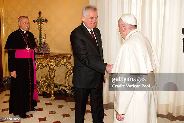 Pope Francis meets President Of Serbia Tomislav Nikolic at the Apostolic Palace on September 11, 2015 in Vatican City, Vatican. During the meeting,...