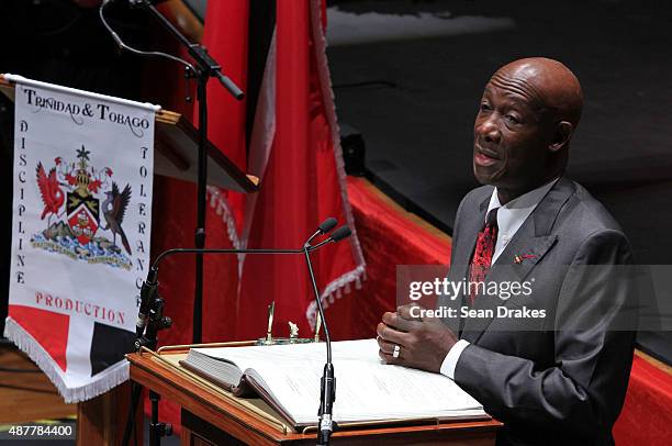 Keith Christopher Rowley, Prime Minister of Trinidad & Tobago, speaks during the swearing-in ceremony for Ministers of Government at Queen's Hall on...
