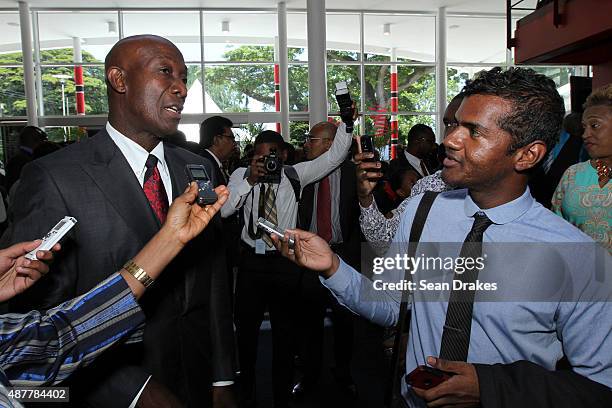 Keith Christopher Rowley , Prime Minister of Trinidad & Tobago, speaks to the press after the swearing-in ceremony for Ministers of Government at...