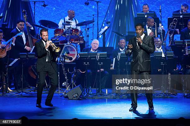 Dominick Farinacci and Norm Lewis perform on stage during the 2014 Jazz at Lincoln Center Gala hosted by Billy Crystal at Frederick P. Rose Hall,...