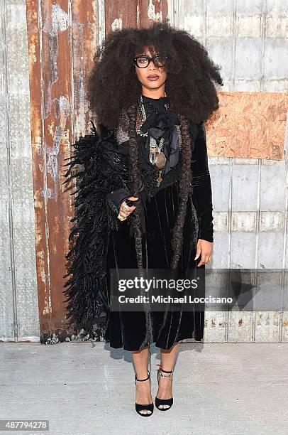 Singer-songwriter Erykah Badu attends the Givenchy fashion show during Spring 2016 New York Fashion Week at Pier 26 at Hudson River Park on September...