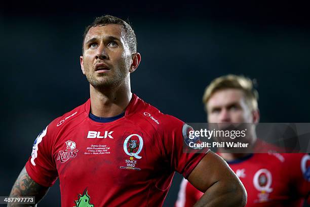 Quade Cooper of the Reds looks on during the round 12 Super Rugby match between the Blues and the Reds at Eden Park on May 2, 2014 in Auckland, New...