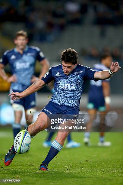 Simon Hickey of the Blues kicks for touch during the round 12 Super Rugby match between the Blues and the Reds at Eden Park on May 2, 2014 in...