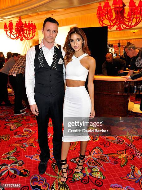 Encore Beach Club, Surrender and Andrea's managing partner Sean Christie and model Ashley Sky appear on the set of "Paul Blart: Mall Cop 2" inside...