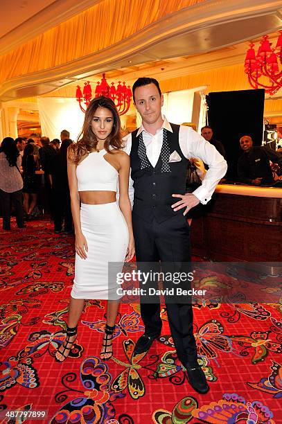 Model Ashley Sky and Encore Beach Club, Surrender and Andrea's managing partner Sean Christie appear on the set of "Paul Blart: Mall Cop 2" inside...