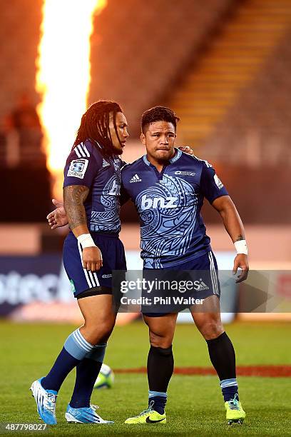 Ma'a Nonu and Keven Mealamu during the round 12 Super Rugby match between the Blues and the Reds at Eden Park on May 2, 2014 in Auckland, New Zealand.