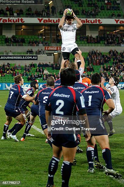 Ryan Kankowski of the Sharks takes the ball from line out during the round 12 Super Rugby match between the Rebels and the Sharks at AAMI Park on May...