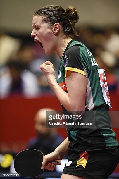 Irene Ivancan of Germany celebrates a point against Alexandra Privalova of Belarus during day five of the 2014 World Team Table Tennis Championships...