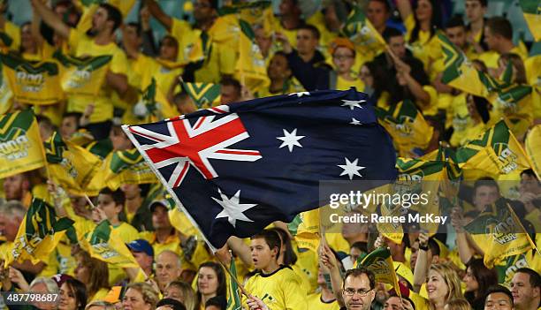 Kangaroos fans show their support during the ANZAC Test match between the Australian Kangaroos and the New Zealand Kiwis at Allianz Stadium on May 2,...