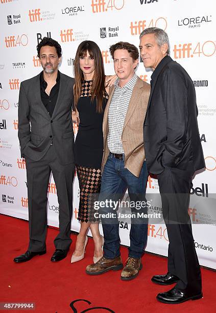 Producer Grant Heslov, actress Sandra Bullock, director David Gordon Green, and producer George Clooney attend the "Our Brand is Crisis" premiere...