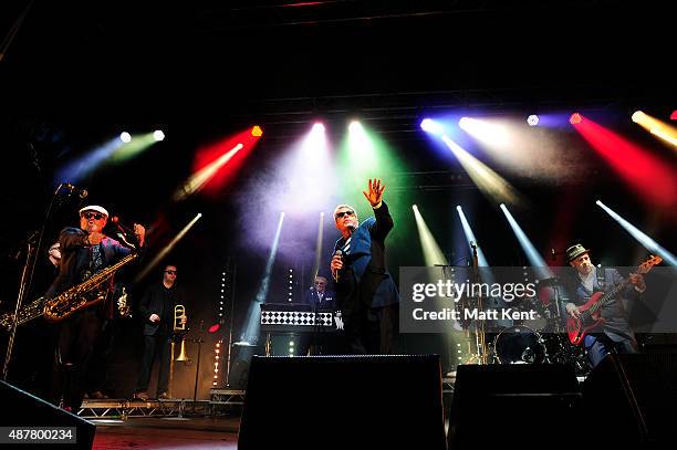 Lee Thompson, Mike Barson, Graham McPherson aka 'Suggs', Dan Woodgate and Mark Bedford perform on stage with Madness at The Spitfire Ground on...