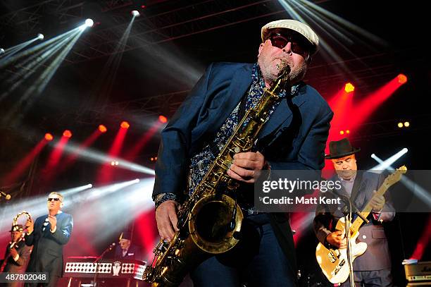 Graham McPerson AKA Suggs, Lee Thompsom and Chris Foreman perform on stage with Madness at The Spitfire Ground on September 11, 2015 in Canterbury,...