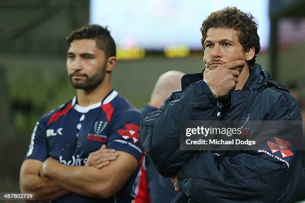 Luke Burgess of the Rebels reacts on the final siren after their defeat during the round 12 Super Rugby match between the Rebels and the Sharks at...