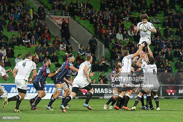 Ryan Kankowski of the Sharks passes the ball after catching it during the round 12 Super Rugby match between the Rebels and the Sharks at AAMI Park...