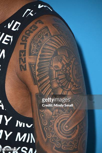 Actor/TV personality Nick Cannon, tattoo detail, attends Ditch Fridays at Palms Pool & Dayclub on September 11, 2015 in Las Vegas, Nevada.