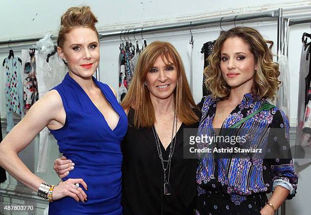 Christiane Seidel, designer Nicole Miller, and Margarita Levieva pose backstage at the Nicole Miller fashion show during Spring 2016 New York Fashion...