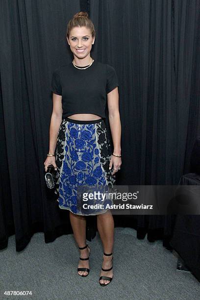 Soccer player Alex Morgan poses backstage at the Nicole Miller fashion show during Spring 2016 New York Fashion Week: The Shows at The Gallery,...