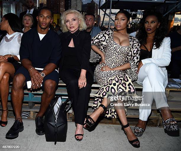 Victor Cruz, Debbie Harry, Nicki Minaj and June Ambrose attend the Givenchy fashion show during Spring 2016 New York Fashion Week at Pier 26 at...