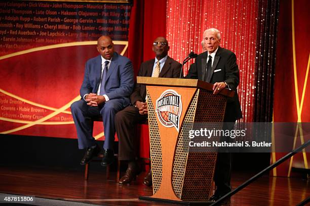 Inductee Dick Bavetta speaks during the 2015 Basketball Hall of Fame Enshrinement Ceremony on September 11, 2015 at the Naismith Basketball Hall of...