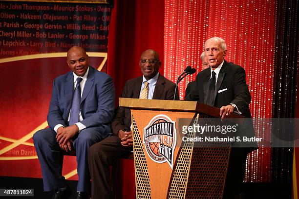 Inductee Dick Bavetta speaks during the 2015 Basketball Hall of Fame Enshrinement Ceremony on September 11, 2015 at the Naismith Basketball Hall of...