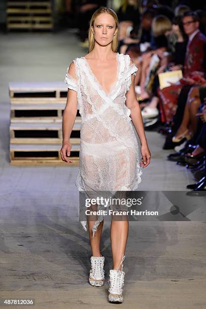 Model Raquel Zimmermann walks the runway wearing Givenchy Spring 2016 during New York Fashion Week at Pier 26 at Hudson River Park on September 11,...