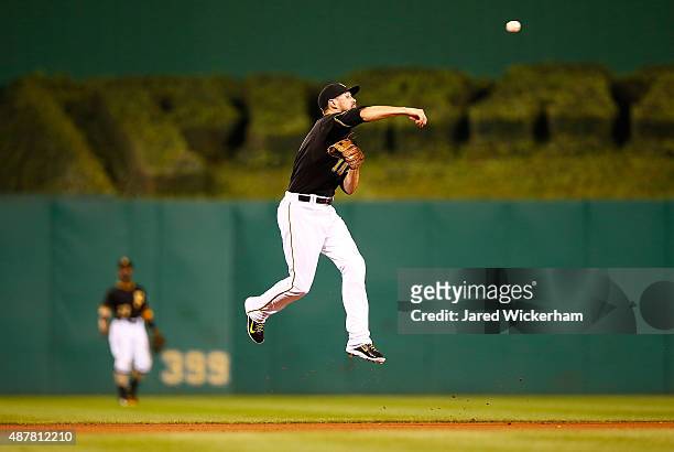 Jordy Mercer of the Pittsburgh Pirates throws to first base in the third inning against the Milwaukee Brewers during the game at PNC Park on...