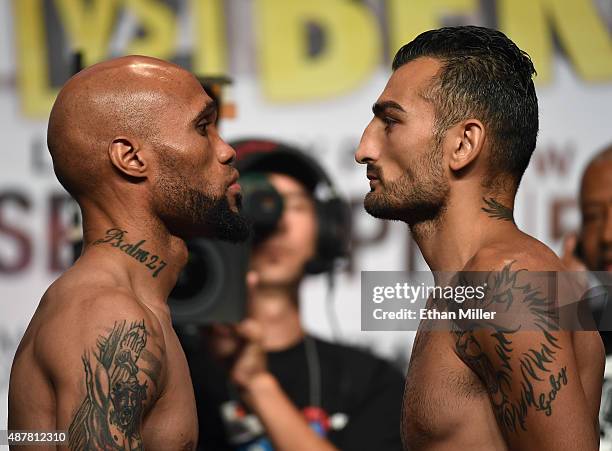 Boxers Ishe Smith and Vanes Martirosyan face off during their official weigh-in at MGM Grand Garden Arena on September 11, 2015 in Las Vegas, Nevada....