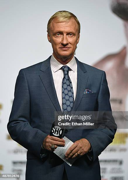 Boxing announcer Jimmy Lennon Jr. Attends the official weigh-in for the Floyd Mayweather Jr. And Andre Berto bout at MGM Grand Garden Arena on...