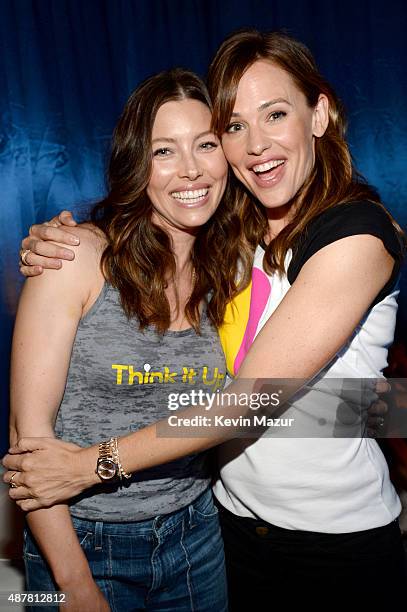 Actors Jessica Biel and Jennifer Garner attend the Think It Up education initiative telecast for teachers and students, hosted by Entertainment...