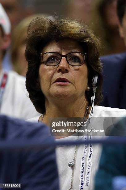 Mother Lynette Federer watches Roger Federer of Switzerland play against Stan Wawrinka of Switzerland during their Men's Singles Semifinals match on...