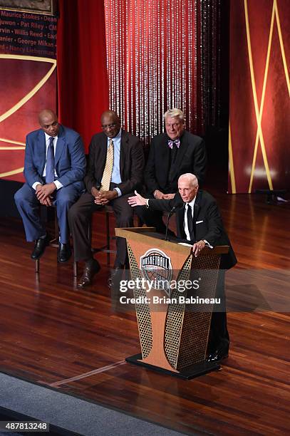 Inductee Dick Bavetta speaks during the 2015 Basketball Hall of Fame Enshrinement Ceremony on September 11, 2015 at the Naismith Basketball Hall of...