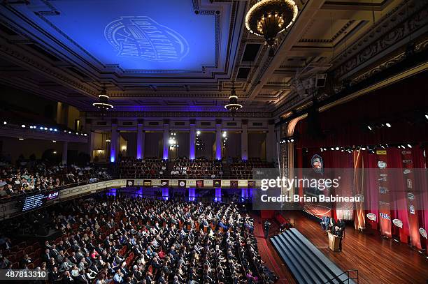 General view of the hall as Inductee Dick Bavetta speaks during the 2015 Basketball Hall of Fame Enshrinement Ceremony on September 11, 2015 at the...