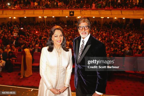 Indian actress, Simi Garewal and Indian film actor, Amitabh Bachchan pose on stage during the Indian Film Festival of Melbourne Awards at Princess...