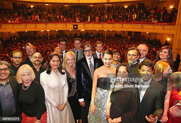 Indian film actor, Amitabh Bachchan poses with award winners including Indian actresses, Kangana Ranaut and Simi Garewal and Indian filmmaker Rakeysh...