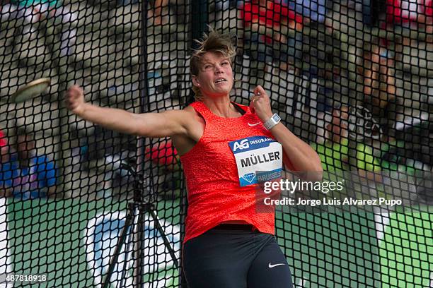 Nadine Muller of Germany competes in the Women's Discus during the AG Insurance Memorial Van Damme as part of the IAAF Diamond League 2015 in King...