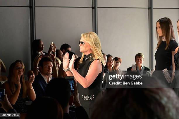 Designer Pamella Roland walks the runway during the Pamella Roland Spring 2016 fashion show at The Whitney Museum of American Art on September 11,...